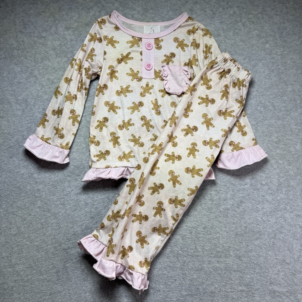 Toddler Girls 4T Pajama Set Christmas Gingerbread Pink Ruffle Boutique Pants